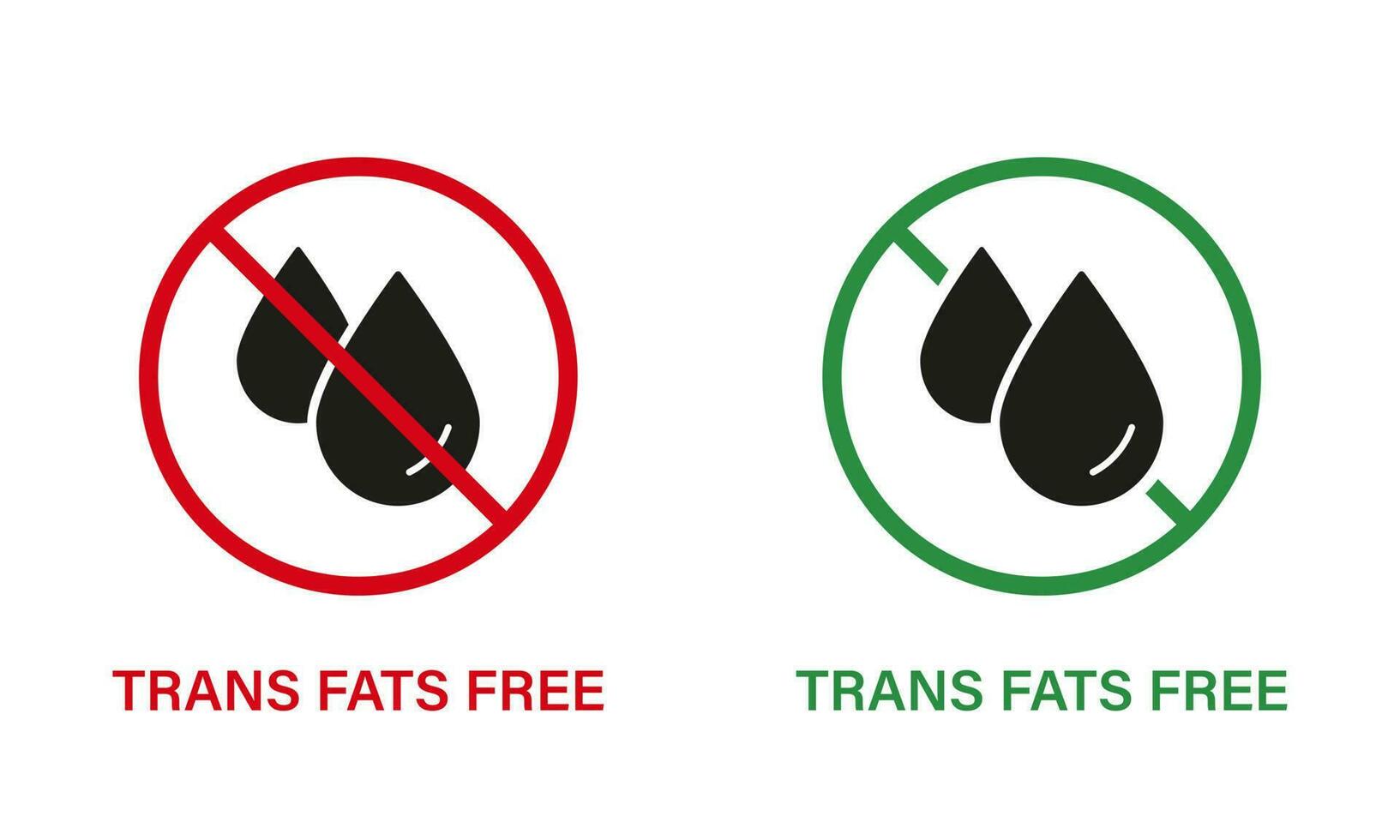 kostenlos trans Fett Silhouette Symbol Satz. trans Fett halt unterzeichnen. Verbot transfett im Produkt Lebensmittel. Nein Cholesterin Logo. 0 trans Fett Etikett. Öl verboten Symbol. isoliert Vektor Illustration.