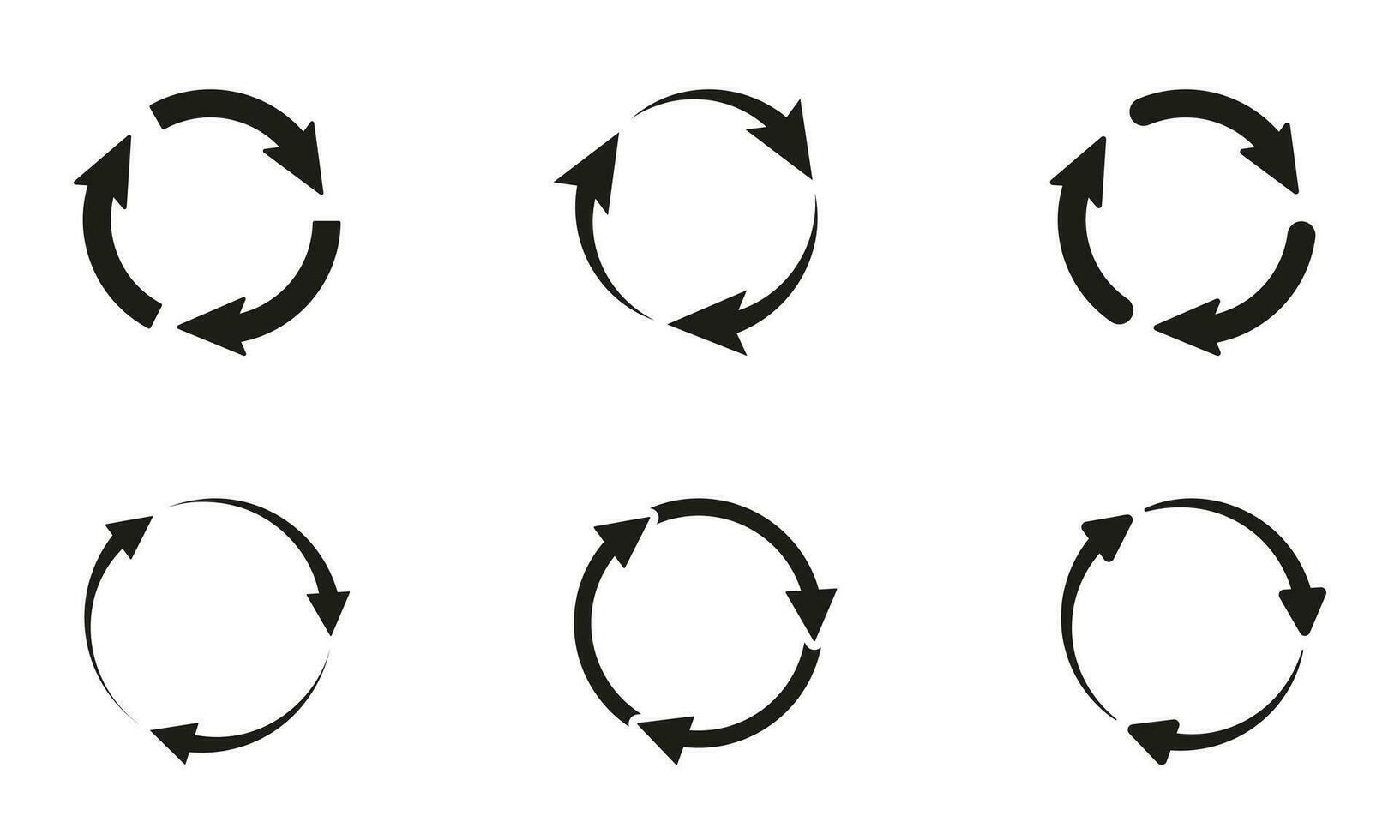 återvinna, miljövänlig ikon uppsättning. cirkulär pil tecken. upprepa, synkronisera, ladda om och refresh symbol samling. återanvändning ekologi organisk produkt piktogram. cirkel pilar. isolerat vektor illustration.