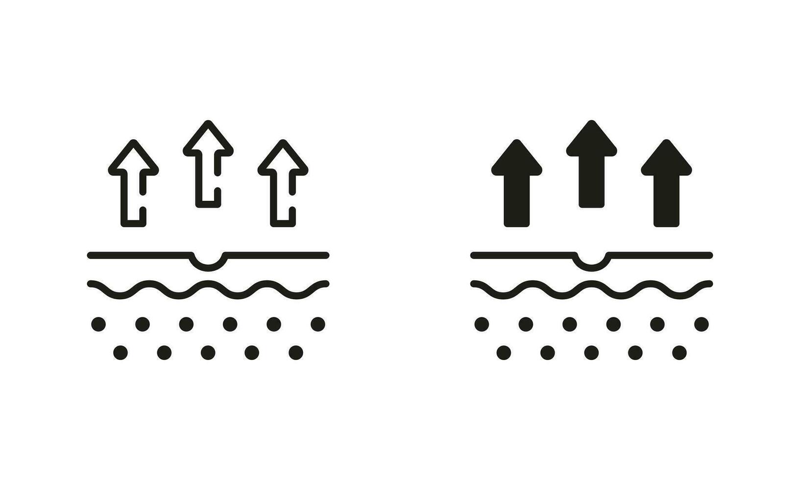 Haut Wasser Verlust Linie und Silhouette schwarz Symbol Satz. Haut Struktur und Pfeile oben Feuchtigkeit Dochtwirkung Prozess Piktogramm. Feuchtigkeit Verdunstung von Haut Symbol Sammlung. isoliert Vektor Illustration.