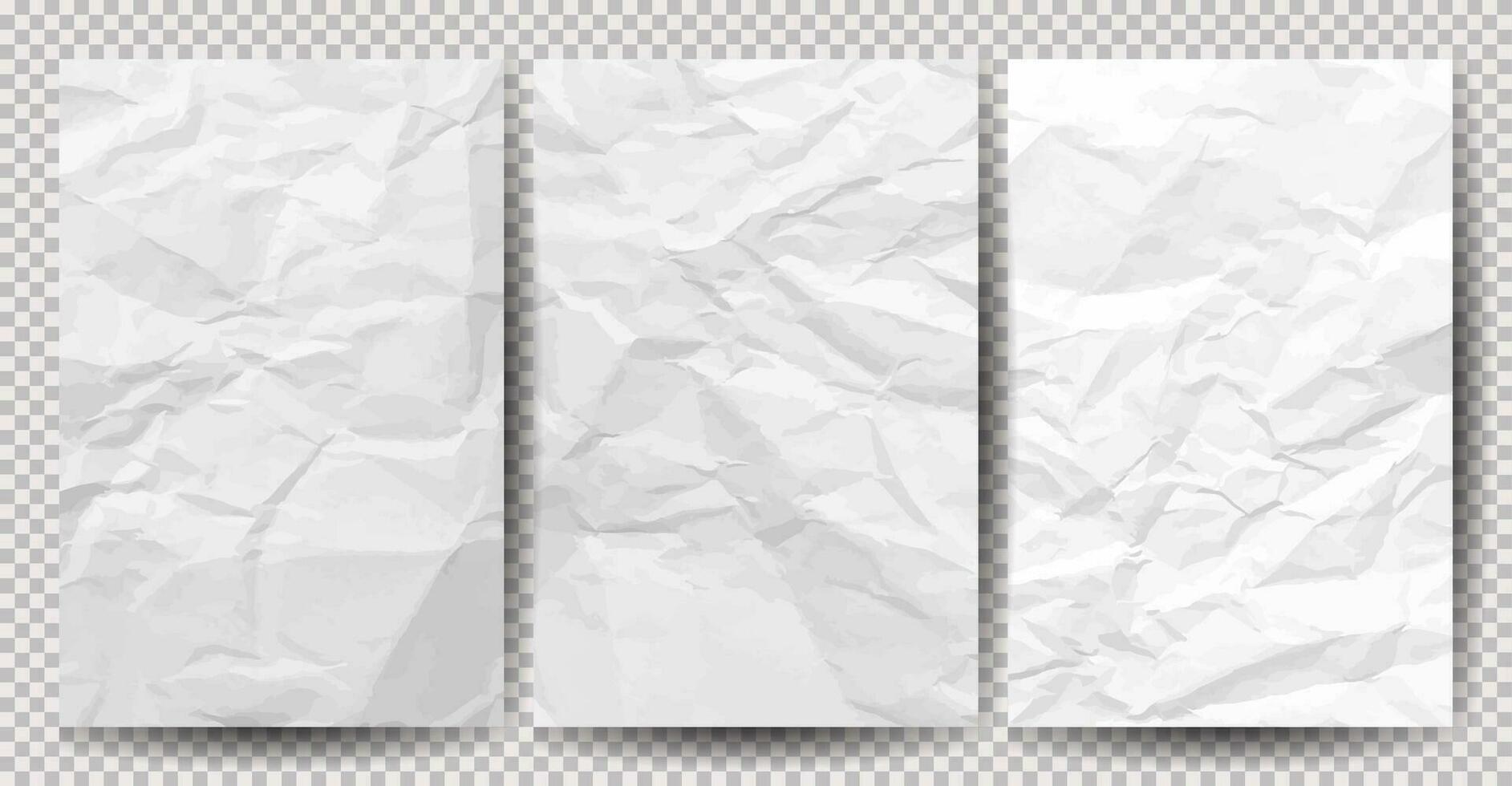 uppsättning av vit rena skrynkliga papper på transparent bakgrund. skrynkliga tömma ark av papper med skugga för posters och banderoller. vektor illustration