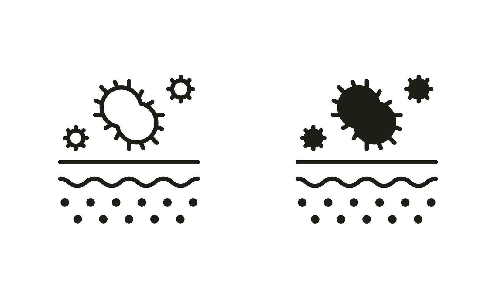 bakterie på hud piktogram. mikroorganismer på dermis strukturera linje och silhuett svart ikon uppsättning. hud lager med mikrober flora symbol samling. isolerat vektor illustration.