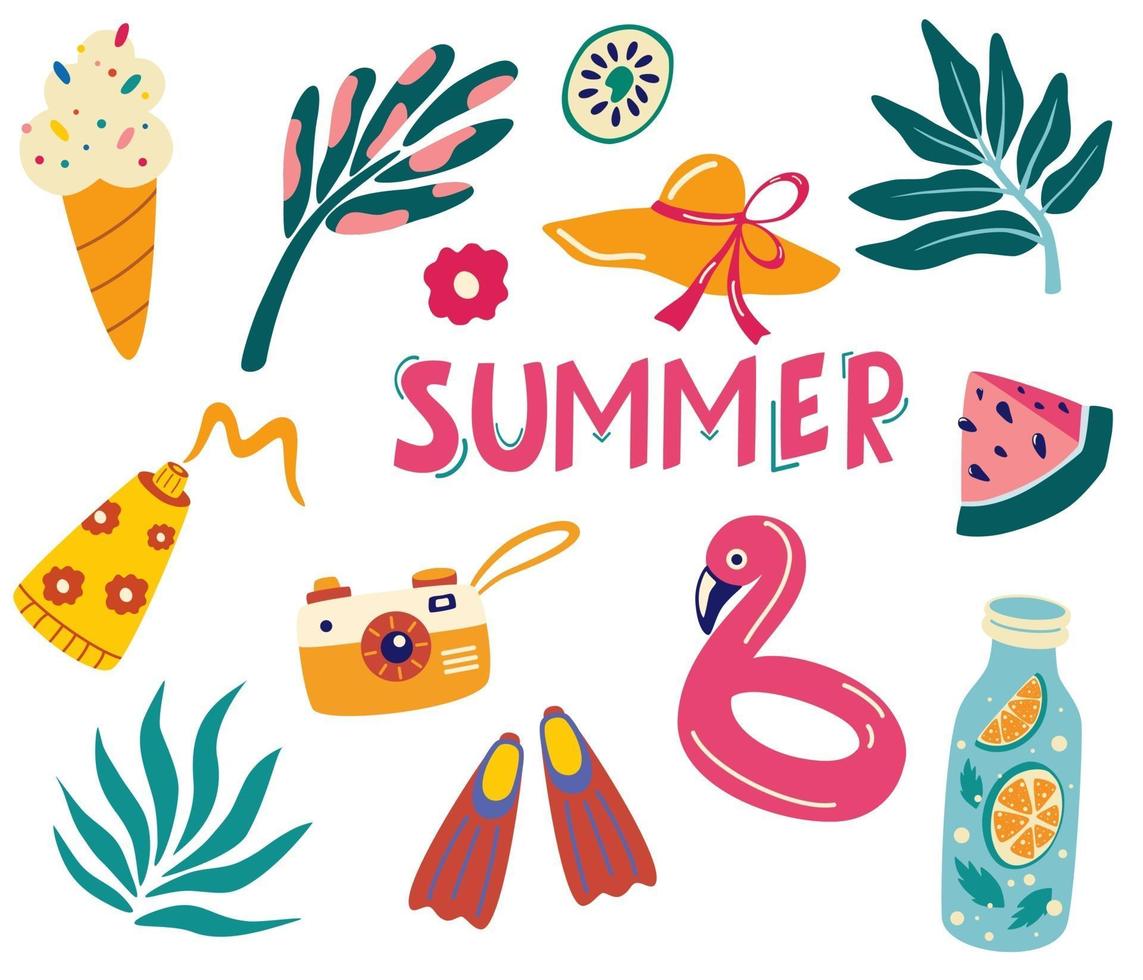 Set Sommer Icons tropische Blätter trinken Eis Flamingo Sonnencreme vektor