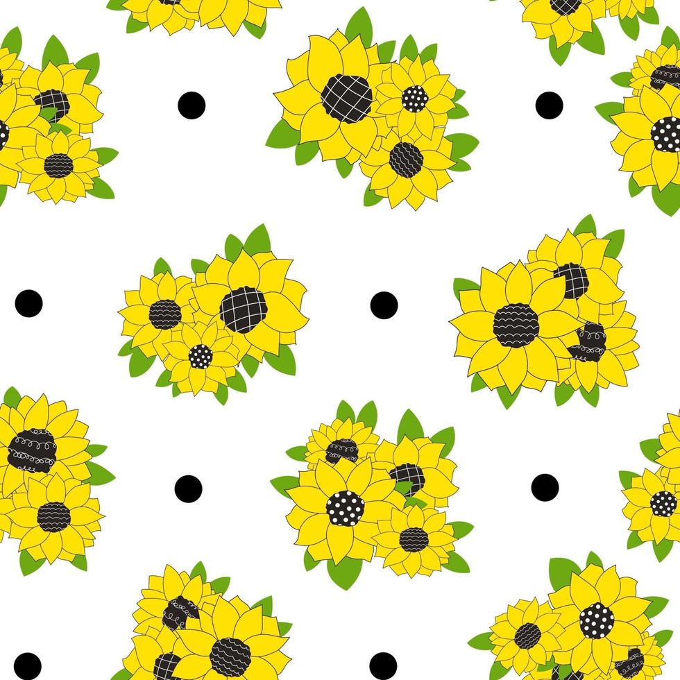 weißes Muster Gekritzel Sonnenblumen schwarzer Tupfenhintergrund für Küche vektor