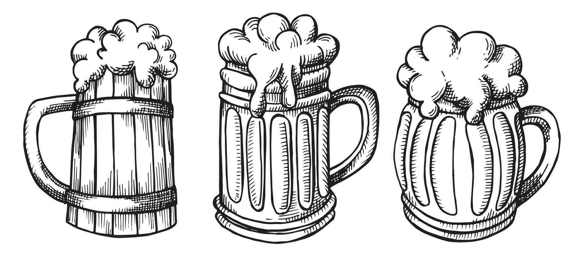 Vektor Zeichnung einstellen von Bier Tassen im skizzieren Stil. Jahrgang Illustration auf das Thema von Oktober fest