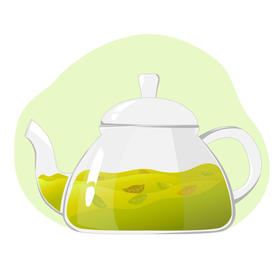 Glas Teekanne mit Grün Tee.transparent Glas Teekanne mit Grün Tee Blätter. gesund Getränke konzept.vektor Illustration zum Cafés, Anzeige, Banner vektor