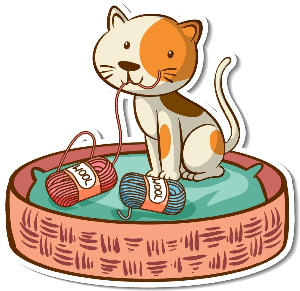 Cartoon-Figur einer Katze im Korbbett Sticker vektor