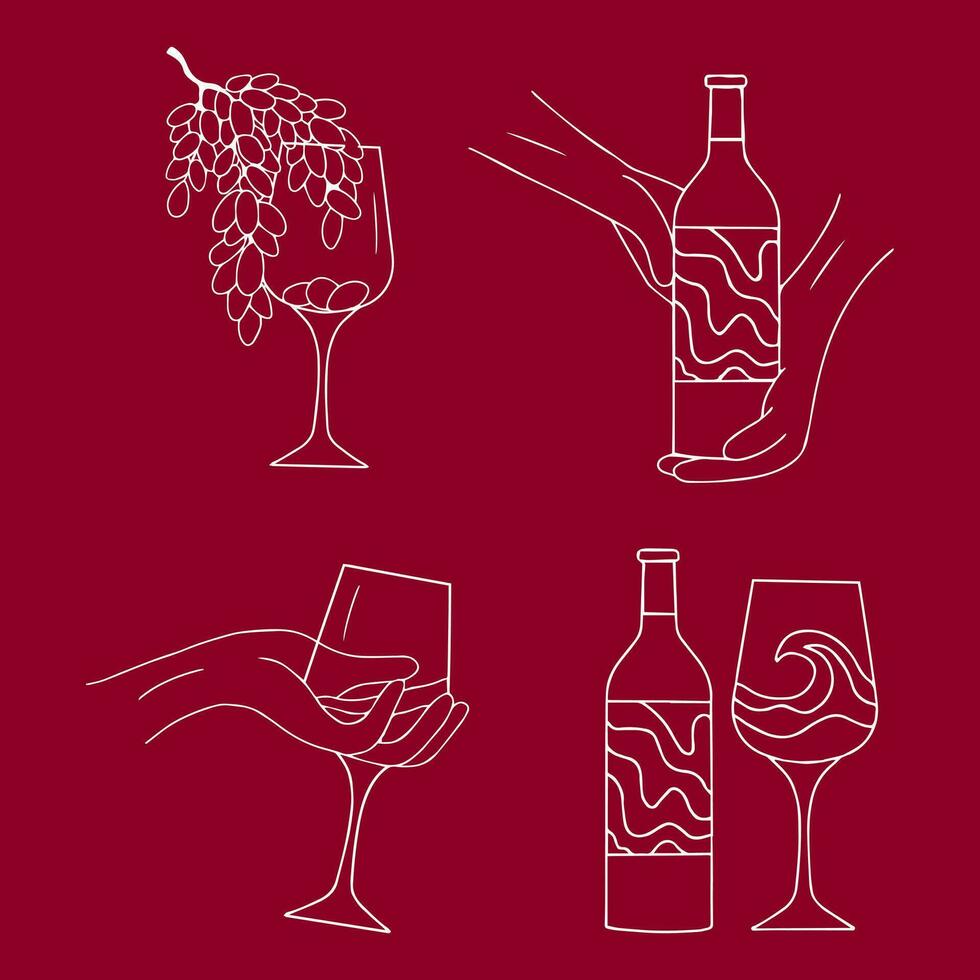 Wein Flasche, Glas und Trauben isoliert auf Weiß. Vektor Illustration. Vektor Illustration