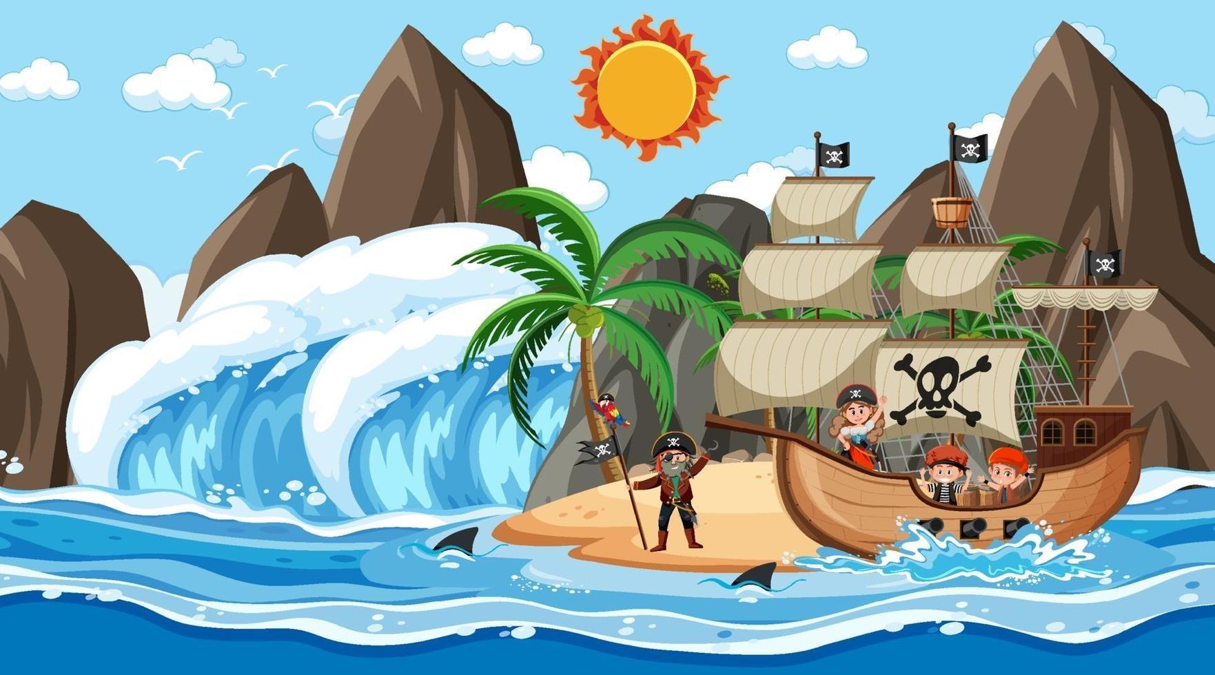 Strand mit Piratenschiff bei Tagesszene im Cartoon-Stil vektor