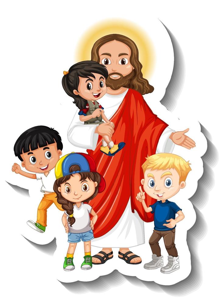 Jesus Christus mit Kindergruppenaufkleber auf weißem Hintergrund vektor