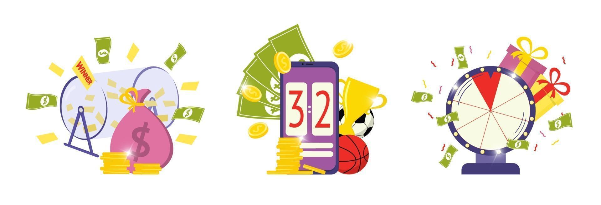 Spielen von Lotterieverlosungen, Sportwetten und Glücksradsymbolen vektor