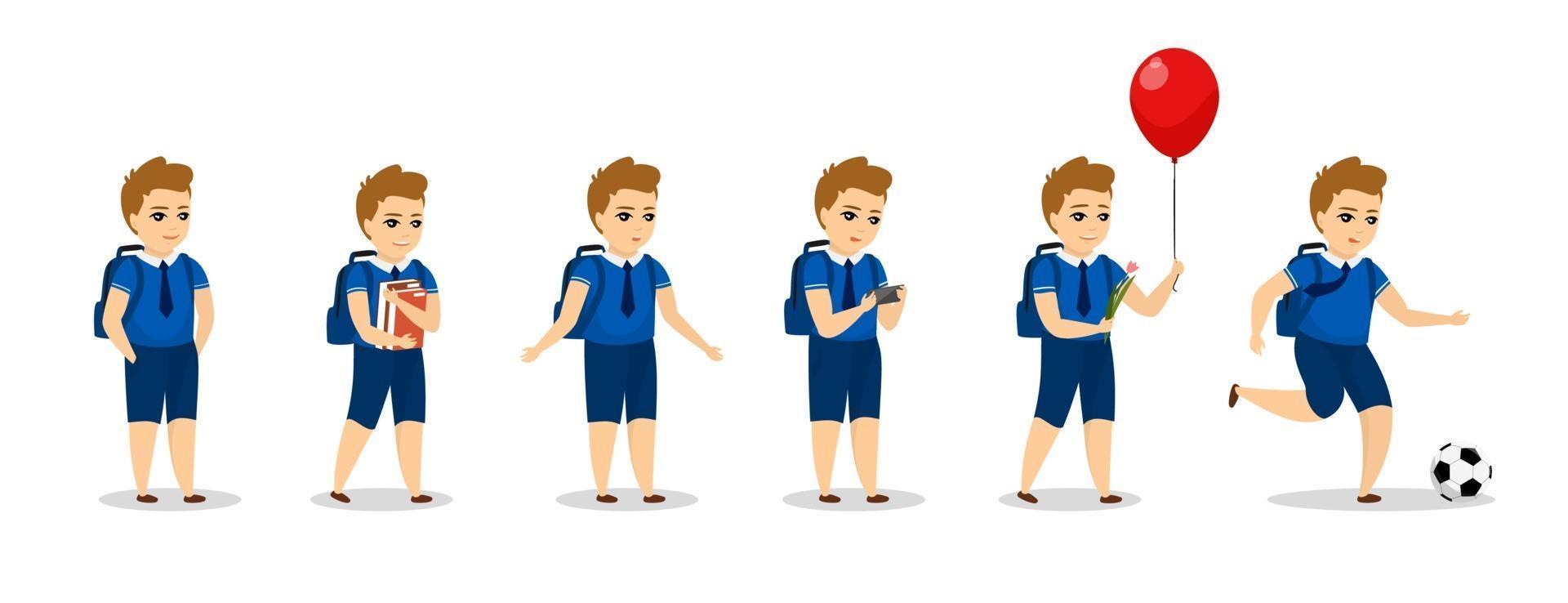 skolpojke unge karaktär olika poser. söt tecknad pojke i uniform vektor