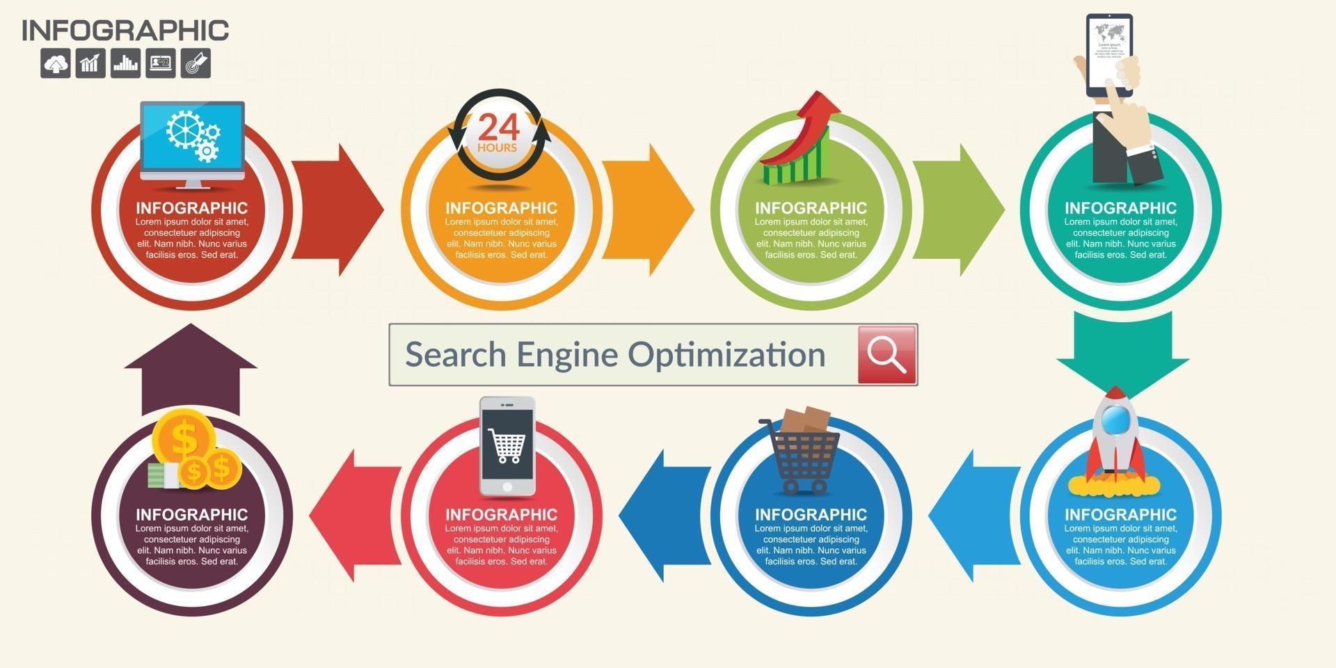 seo internet marknadsföring infographics med steg och ikoner vektor