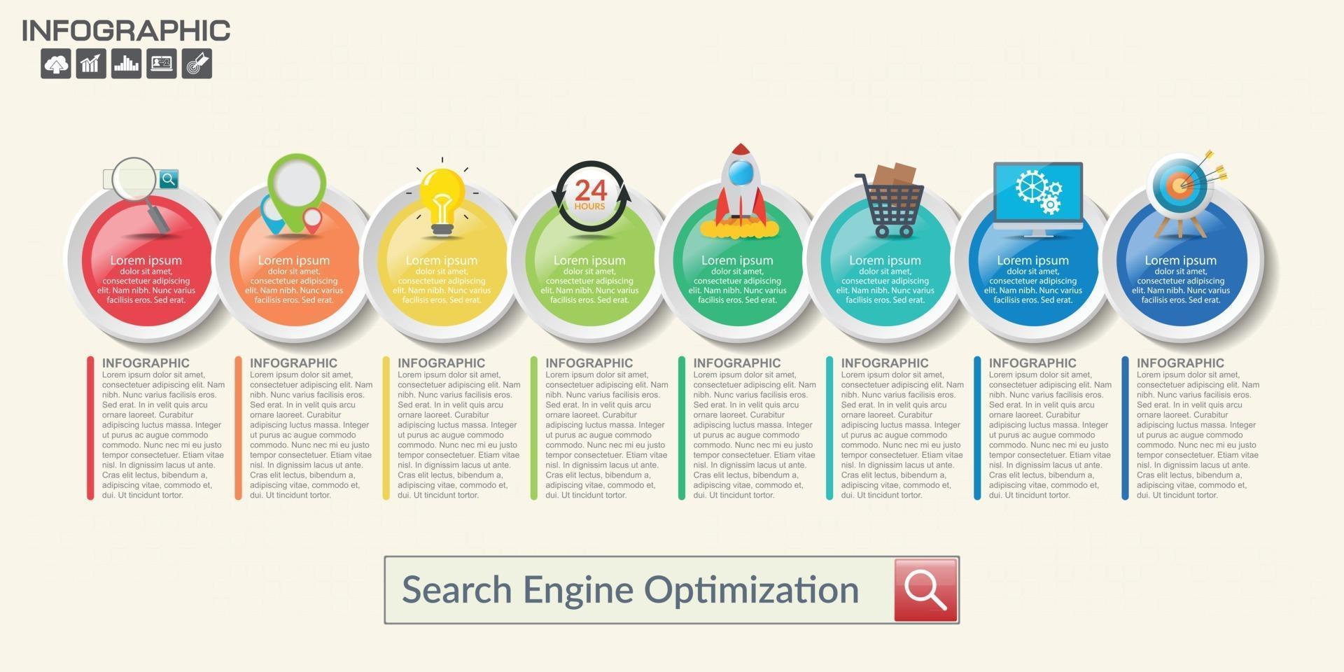 SEO-Internet-Marketing-Infografiken mit Schritt und Symbolen vektor