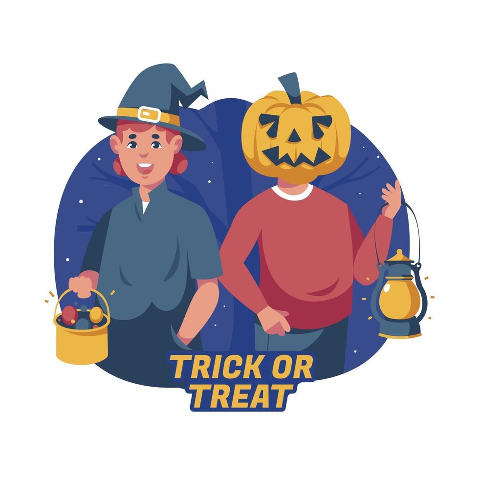 människor i halloween-dräkter gör trick or treat vektor