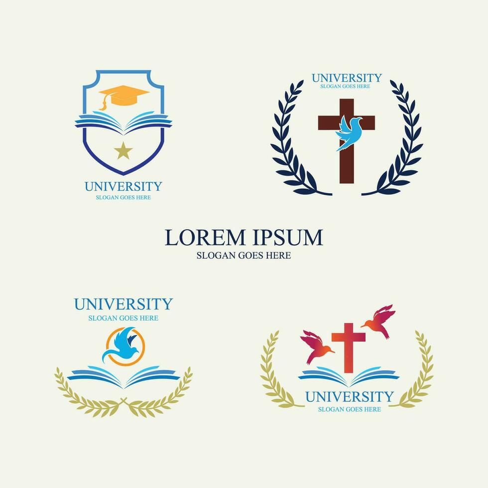 universitet och akademi vektor ikoner. emblem eller sköldar för studenter som utexaminerats i sjöfartsvetenskap eller juridik. band och märken av ungkarl hatt, lagerkrans, vektor logotyp mall