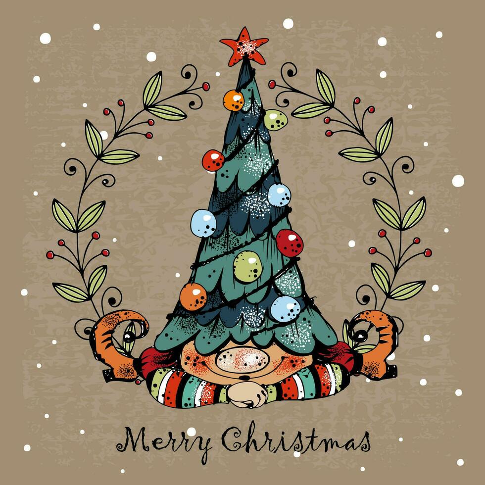 glad jul hälsning kort. söt jul gnome med gåvor i vektor. vektor