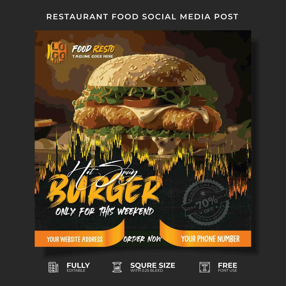 schnell Essen Restaurant Geschäft Marketing Sozial Medien Post oder Netz Banner Vorlage Design mit abstrakt Hintergrund, Logo und Symbol. frisch Pizza, Burger und Pasta online Verkauf Beförderung Flyer oder Poster. vektor