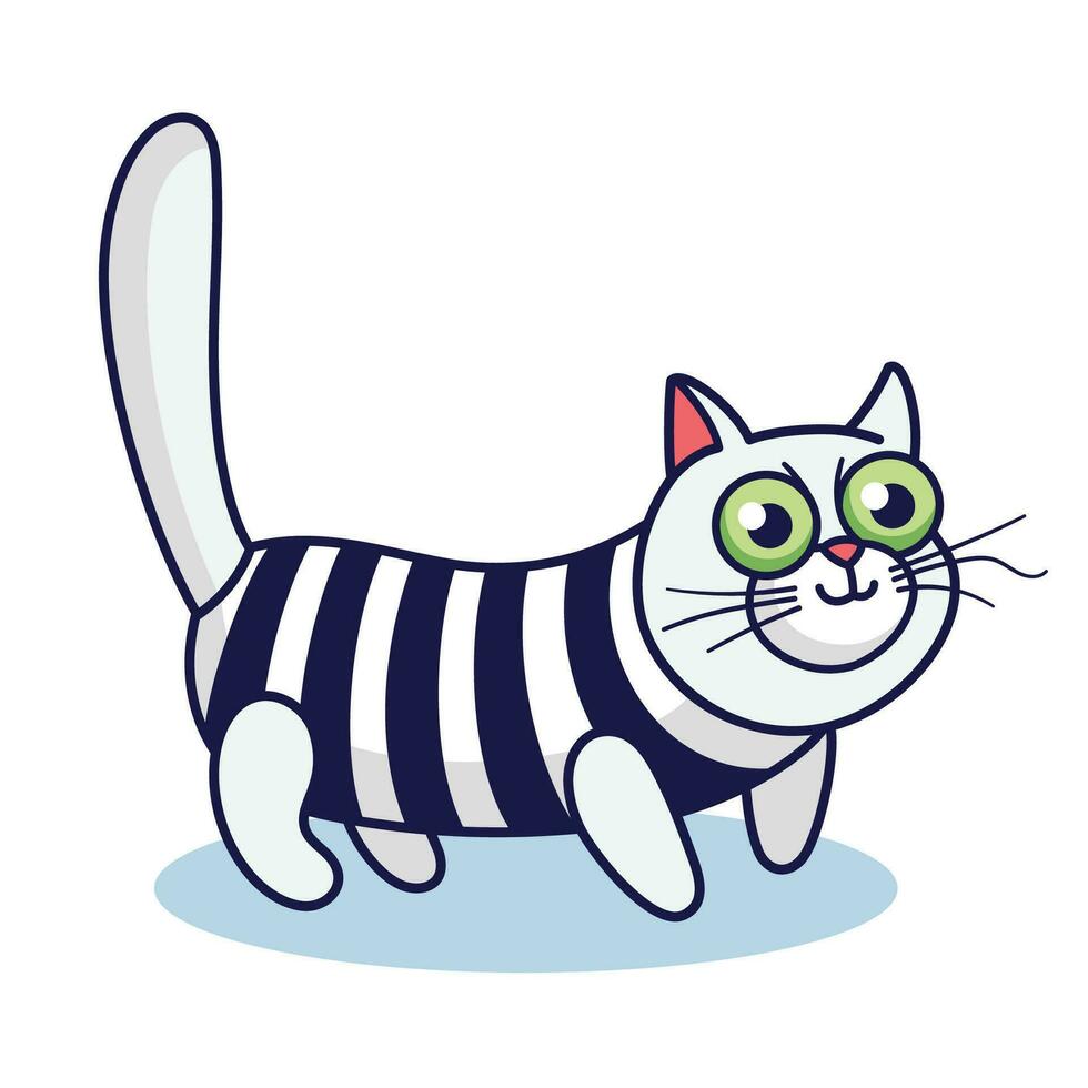 süß Karikatur Katze trägt gestreift Kleidung. Hand gezeichnet Kätzchen Illustration. Weiß Katze Charakter mit Grün Augen und gestreift Pullover. Vektor Illustration im Karikatur Stil.