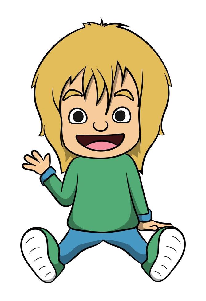 sitzendes Zeichentrickfigur-Kind mit Hemd und Jeans je vektor