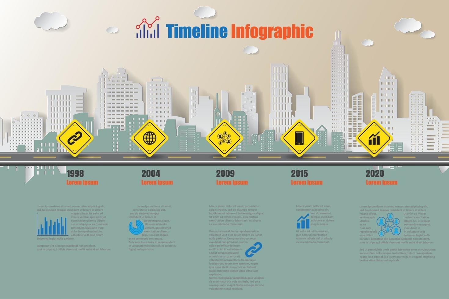 Infografik-Vorlage der Stadtfahrplan-Zeitachse mit Straßenschild vektor