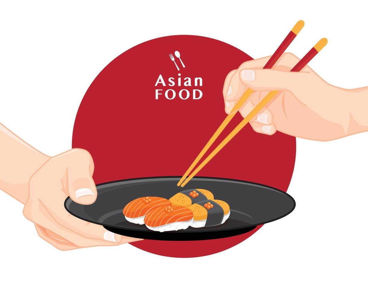 Sushi und Essstäbchen, japanische Lebensmittelillustration für Sushi, Vektor