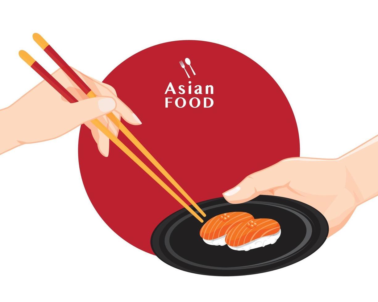 Sushi und Essstäbchen, japanische Lebensmittelillustration für Sushi, Vektor