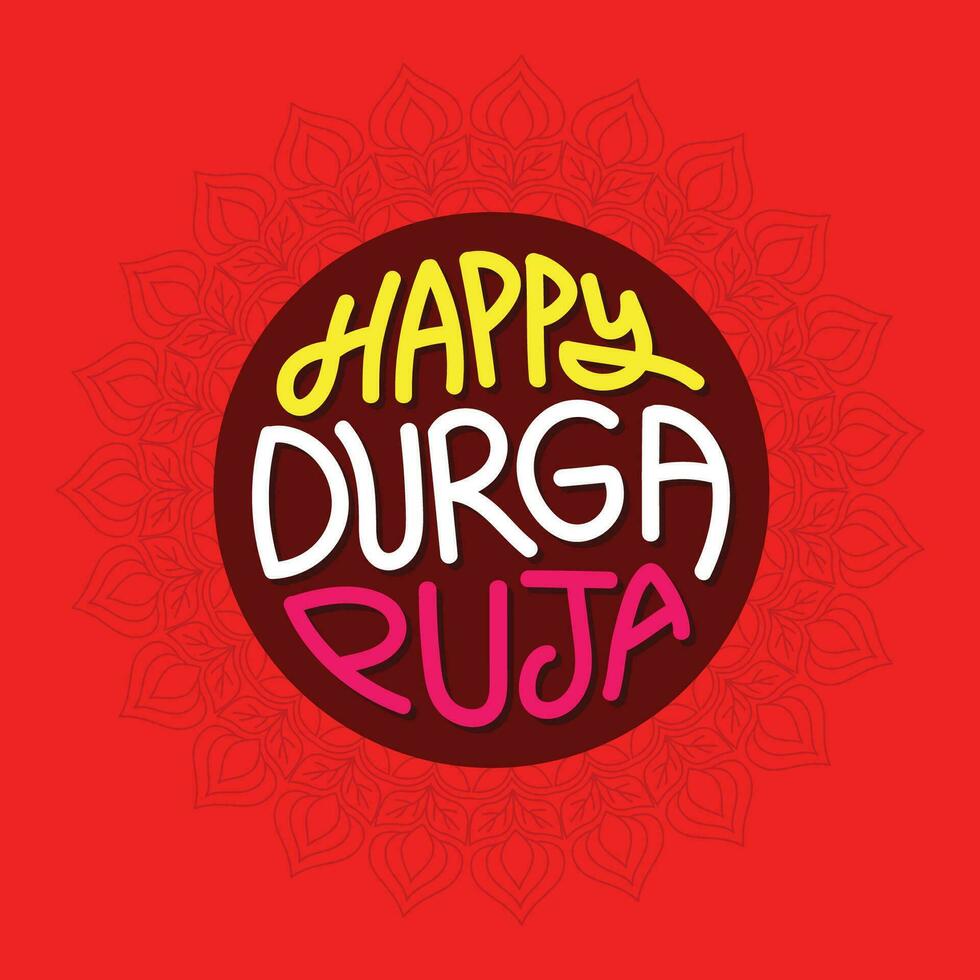 glücklich Durga Puja Typografie Vorlage Design auf rot Farbe Hintergrund. dekorativ Hand Beschriftung Banner, Poster, Gruß Karte zu feiern indisch jährlich Hindu Festival Urlaub. vektor