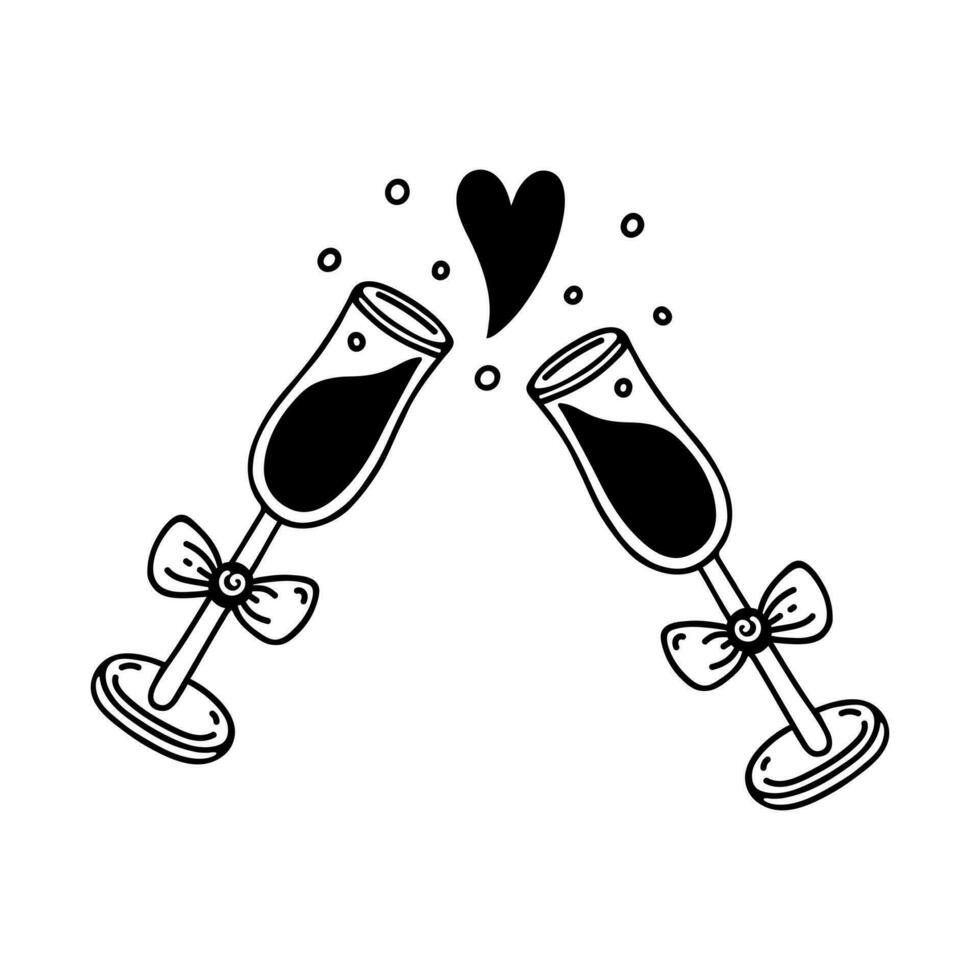 Champagner Brille Klirren Vektor Symbol. Hand gezeichnet Gekritzel isoliert auf Weiß. Beifall, elegant Brille dekoriert mit Verbeugungen. Toast, trinken mit Blasen. Symbol von Datum, Hochzeit. Clip Art zum drucken, Plakate