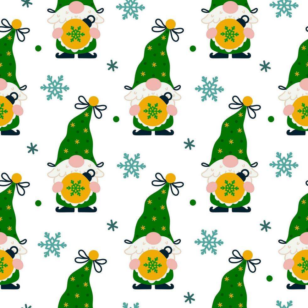 söt skäggig gnome med jul boll sömlös vektor mönster. ett gammal älva innehar en festlig leksak med en snöflinga. santa claus hjälpare i en strumpa keps med en gyllene klocka, rosett. platt tecknad serie bakgrund