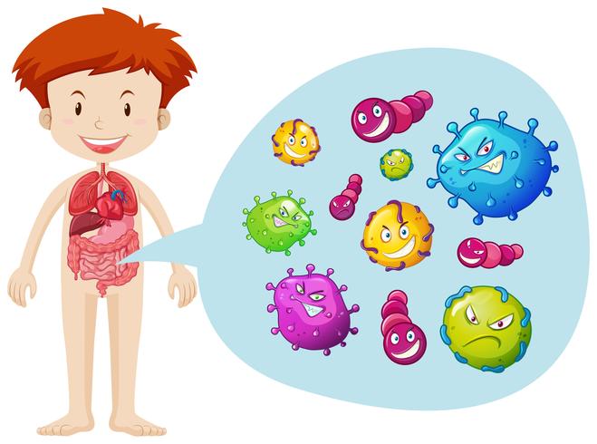 Junge und Bakterien im Magen vektor