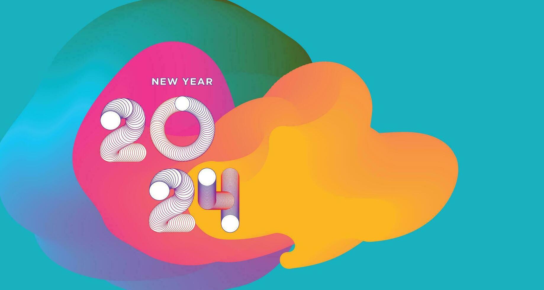 glücklich Neu Jahr 2024 bunt Gruß Karte Banner zum Sozial Medien. Vektor abstrakt Flüssigkeit Hintergrund Design