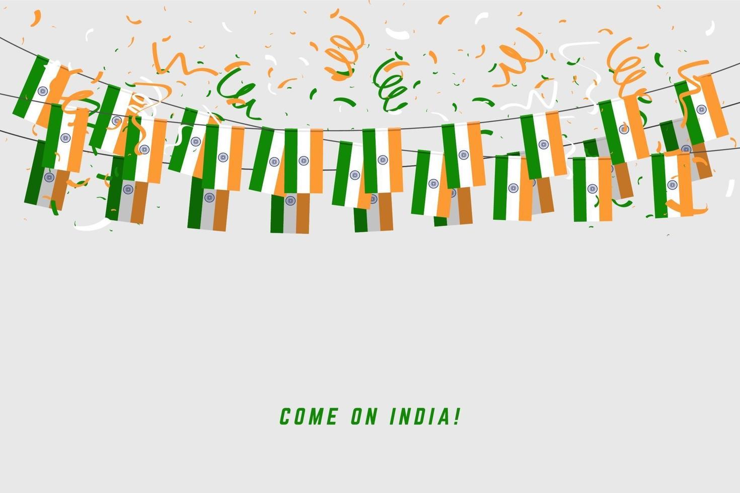 Indien Girlande Flagge mit Konfetti auf grauem Hintergrund. vektor