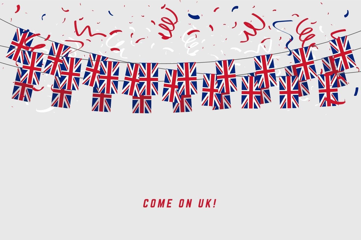 Förenade kungarikets kransflagga med konfetti på grå bakgrund. vektor