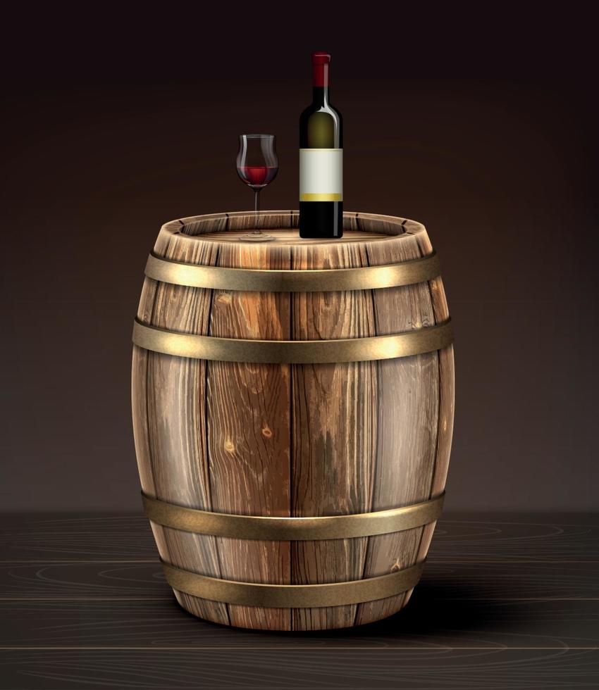 Vektor Holzfässer Trauben Wein mit Flasche und Glas.