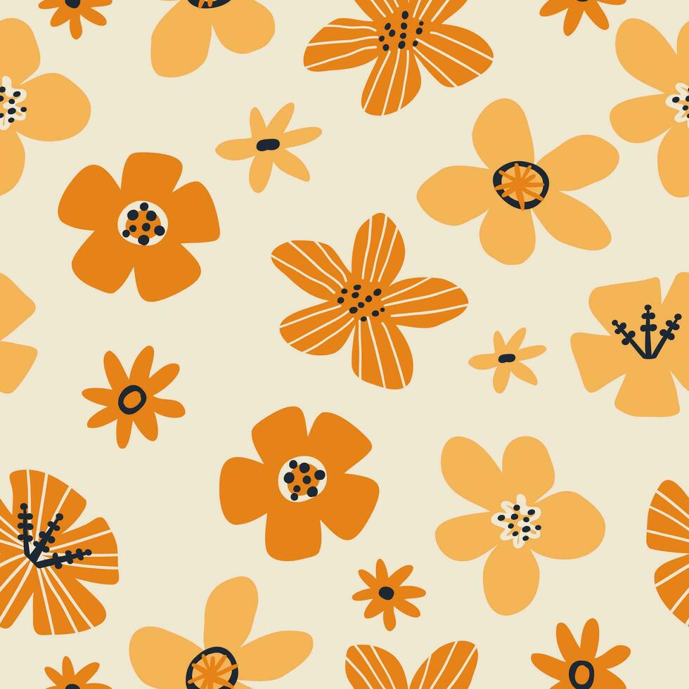 sömlös mönster med blommor på en orange bakgrund. vektor illustration i platt stil.