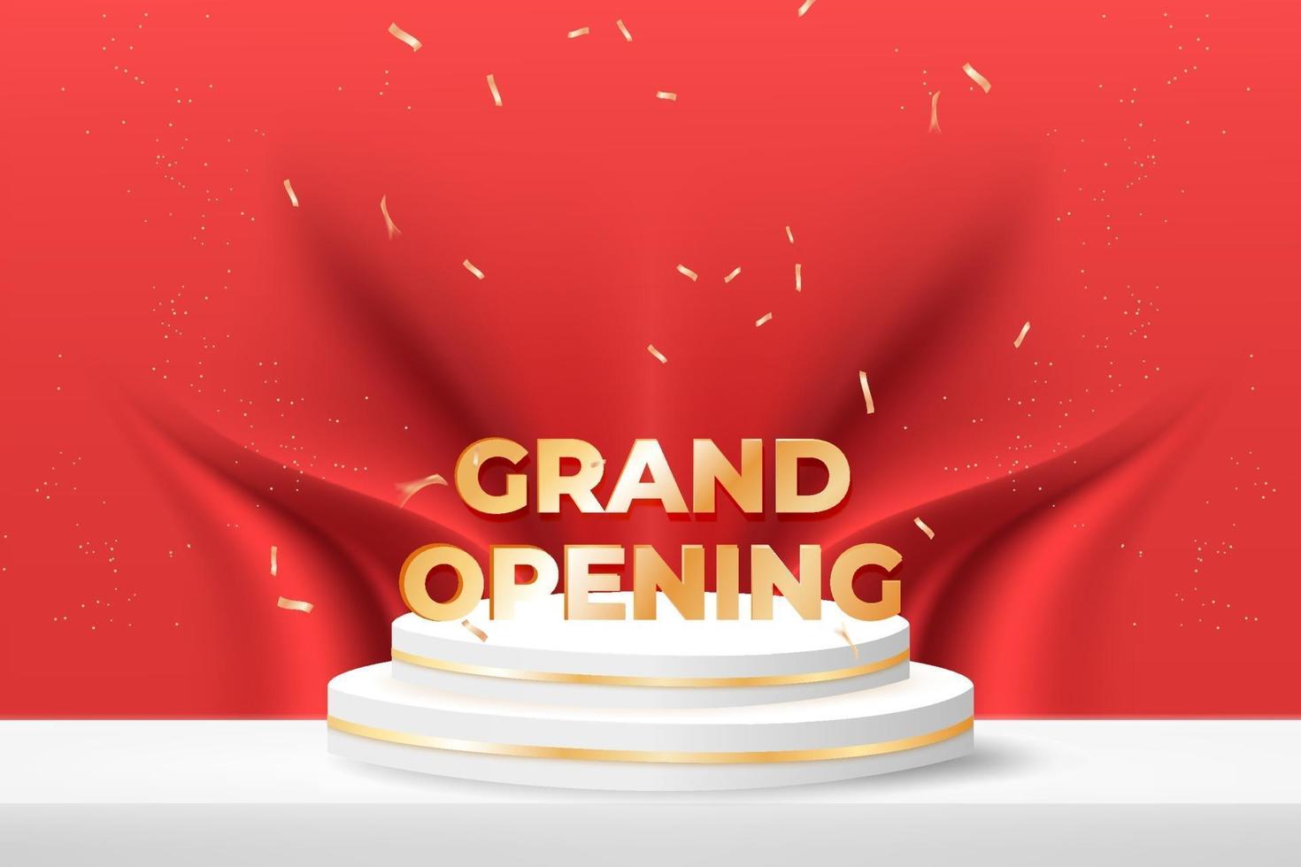 Grand Opening Banner mit Podium und Konfetti auf rotem Grund. vektor