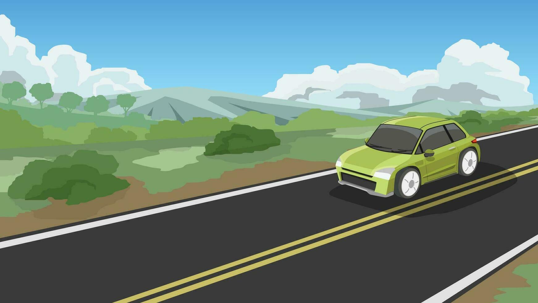 Perspektive Aussicht Autos Grün Farbe Fahren auf Asphalt Straße. mit Hügel und umgeben durch Grün Gras und Bäume. unter Blau Himmel und Wolken. vektor
