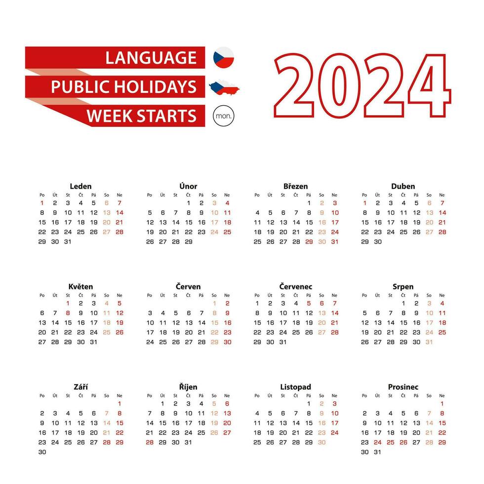kalender 2024 i tjeck språk med offentlig högtider de Land av tjeck republik i år 2024. vektor