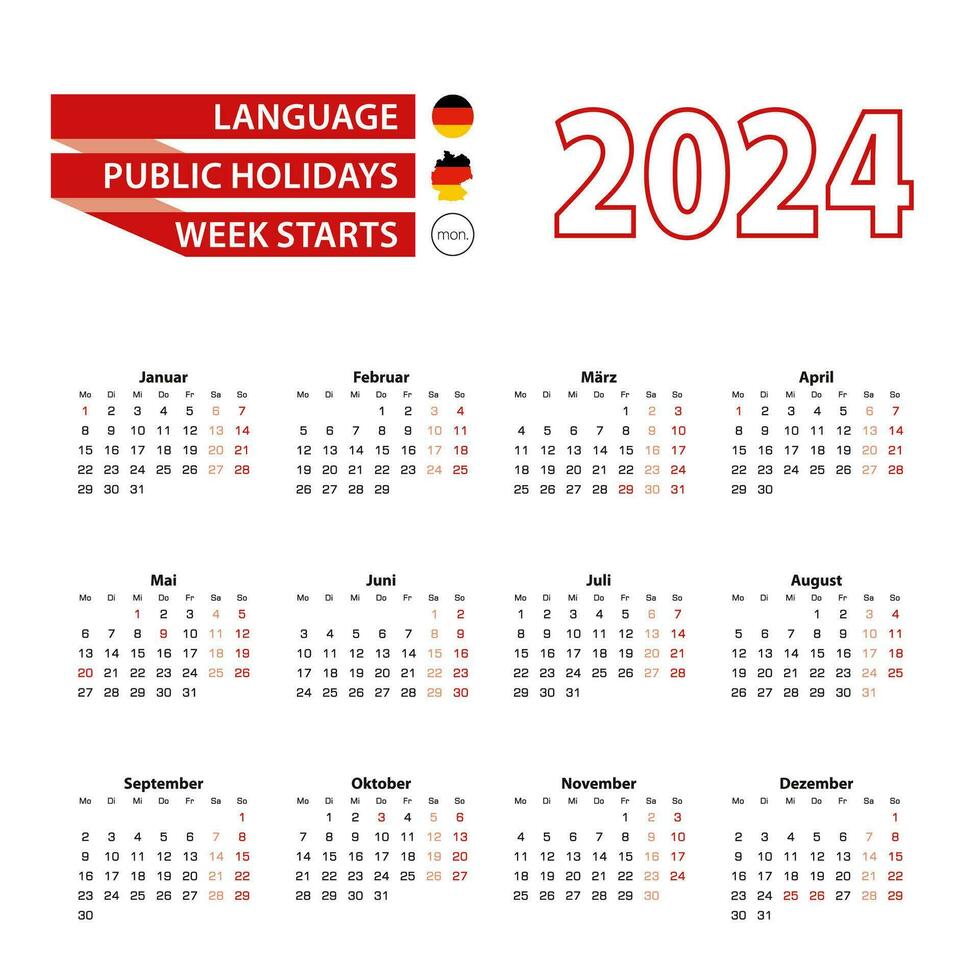 kalender 2024 i Tyskland språk med offentlig högtider de Land av tysk i år 2024. vektor