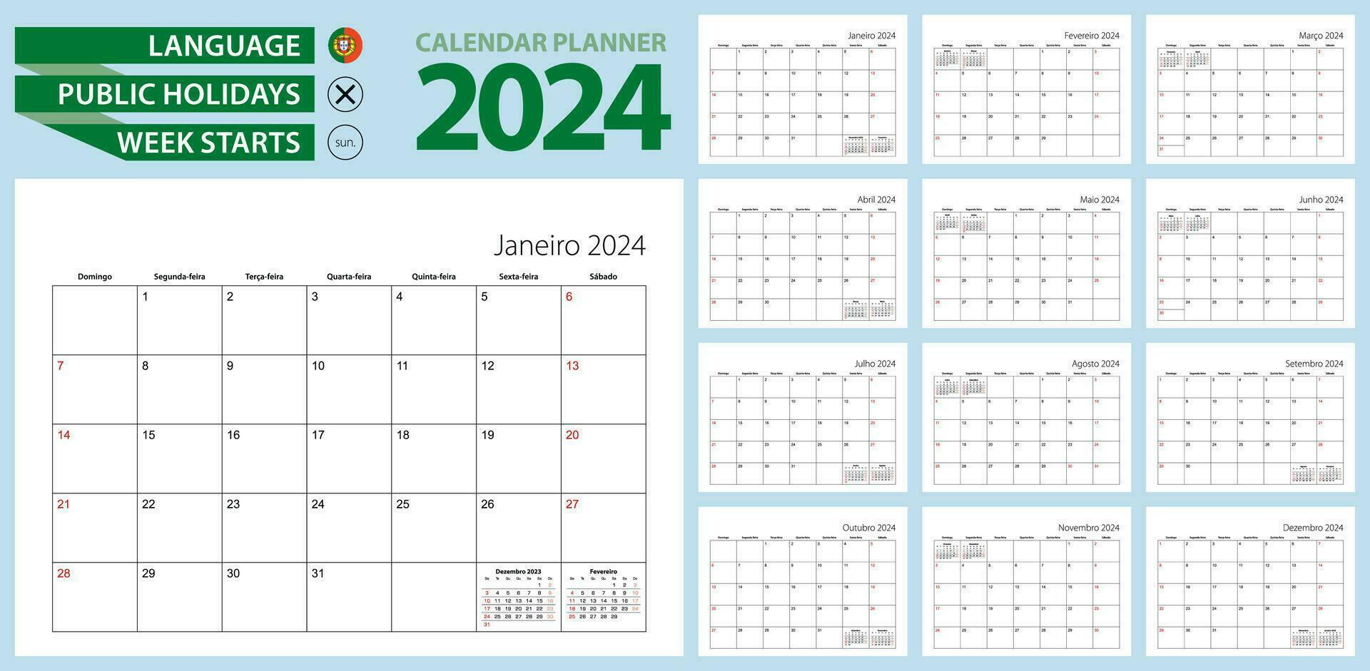 portugisiska kalender planerare för 2024. portugisiska språk, vecka börjar från söndag. vektor