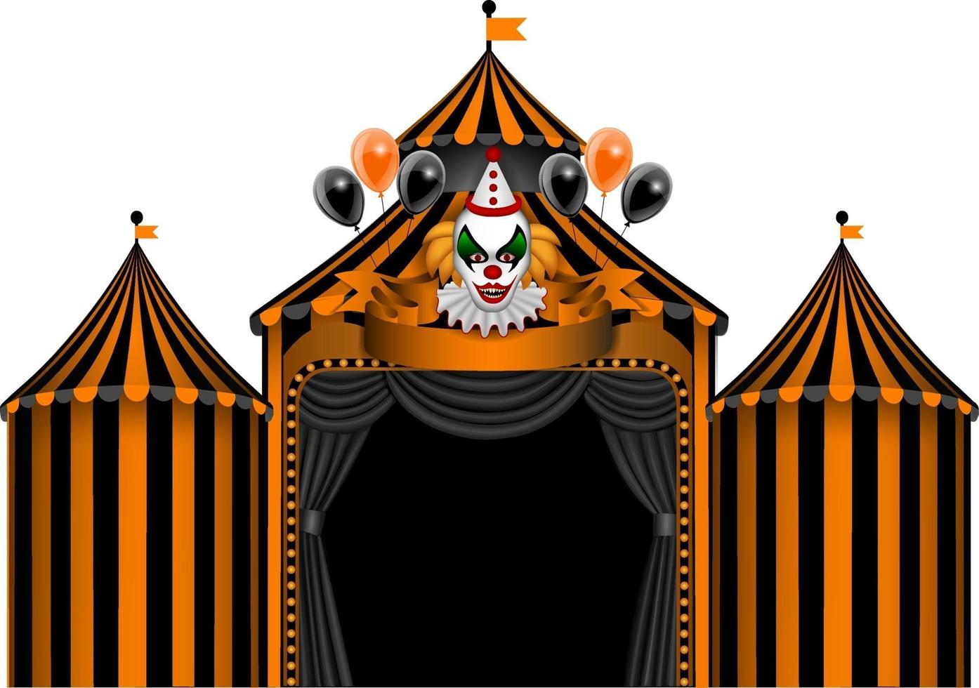 halloween cirkus med svarta och orange ränder och ond clown vektor