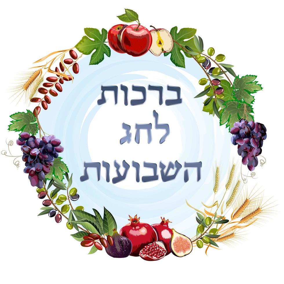 Shavuot-Banner, flacher Stil. sammlungsgestaltungselemente auf dem jüdischen urlaub shavuot mit milch, obst, torus, berg, weizen, korb. vektor