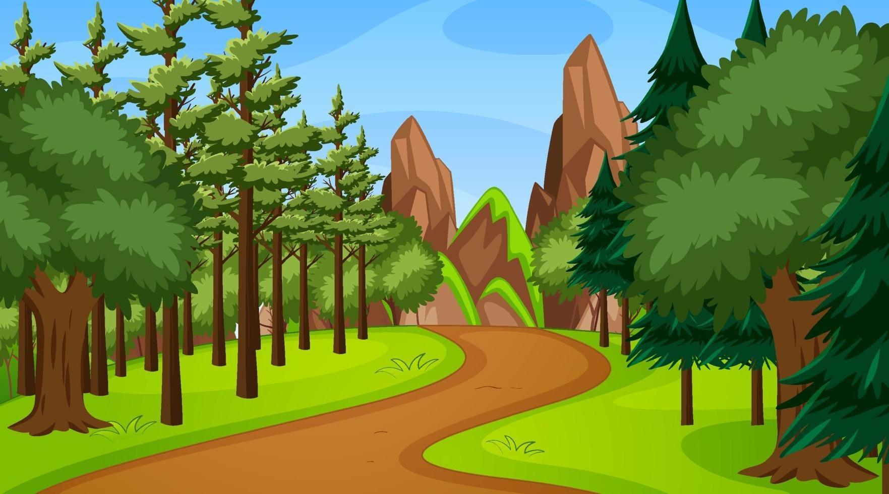 skog scen med olika skogsträd och gångväg körfält vektor