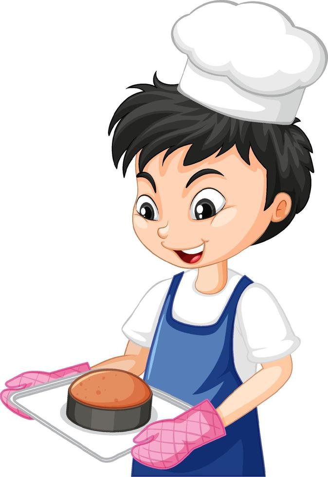 seriefigur av en kockpojke som håller bricka med tårta vektor