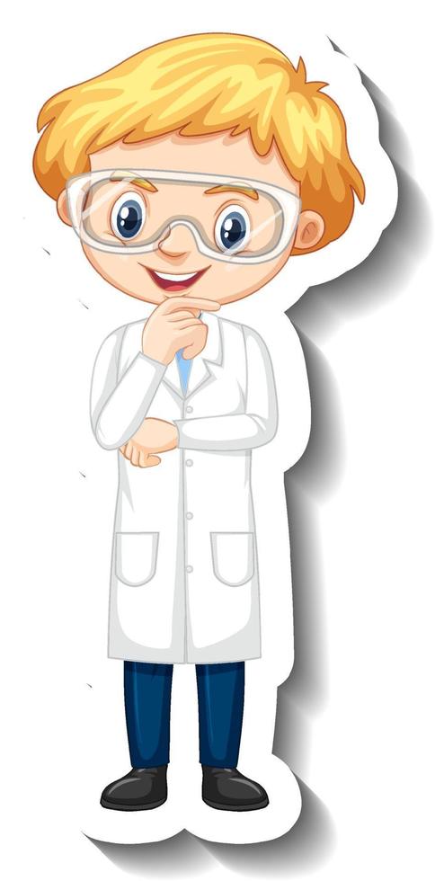 Zeichentrickfigur-Aufkleber mit einem Jungen im Wissenschaftsgewand vektor