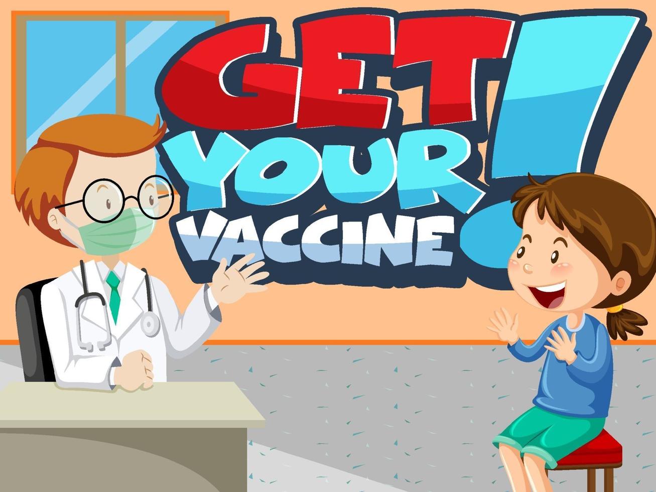 Holen Sie sich Ihre Impfschrift mit einem Mädchen trifft eine Arztzeichentrickfigur vektor