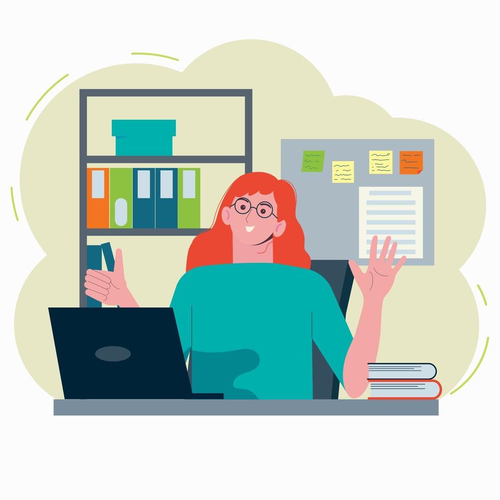ung kvinna som arbetar på kontoret och chattar med kollega online vektor
