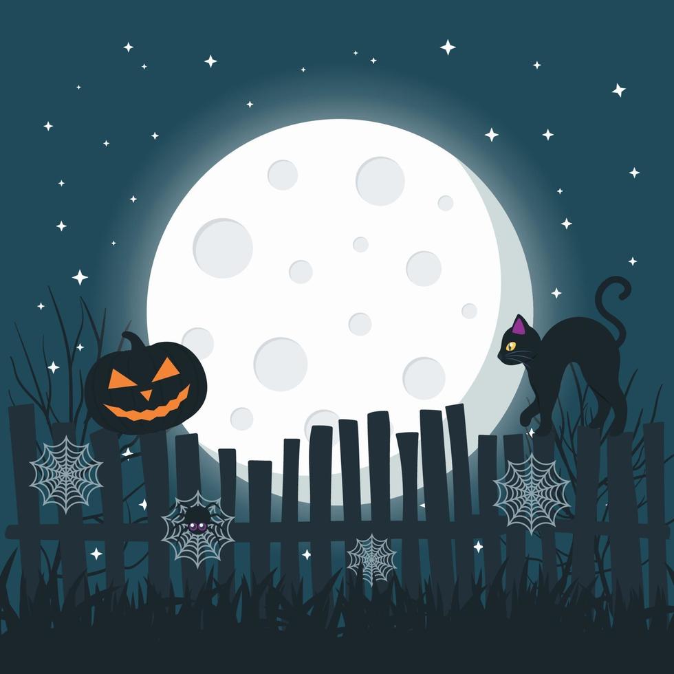 halloween bakgrund med fullmåne, pumpa och svart katt vektor