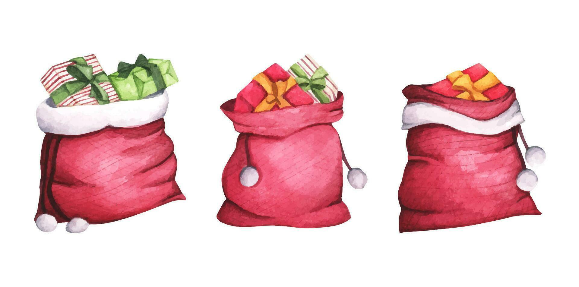 uppsättning full gåva santa claus röd väska. jul dekorativ element. vattenfärg illustration. vektor