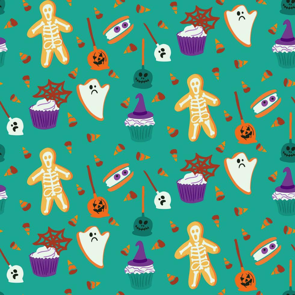 Vektor Halloween unheimlich Süßigkeiten nahtlos Muster zum Urlaub Dekoration auf Grün Hintergrund. hell Süßigkeiten, Kekse, Lebkuchen im eben minimalistisch Hand gezeichnet Stil. Urlaub Design zum Halloween